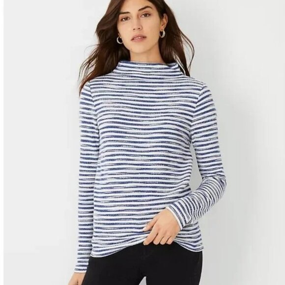 NWT Ann Taylor Large Sweater Top Sweatshirt Gray Black Tweed Stripe Funnel Neck - Picture 4 of 8